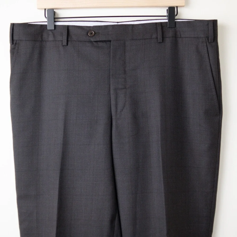Made In Italy 100% Wool Dress Pants Gray Flat Front Mens 38 Plaid Cuff 5362 SF